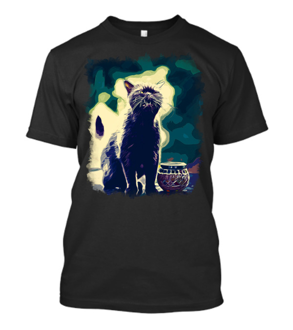 British Shorthair Cat Ready To Attack Vector Art Foggy Night With Stylized Silhouette And Luminous Background T-Shirt