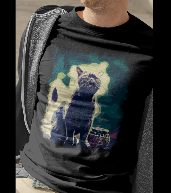 British Shorthair Cat Ready To Attack Vector Art Foggy Night With Stylized Silhouette And Luminous Background T-Shirt