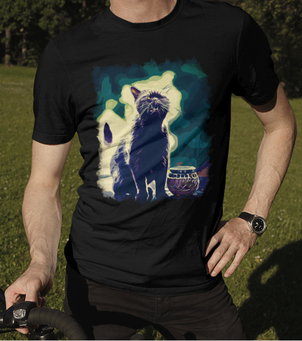 British Shorthair Cat Ready To Attack Vector Art Foggy Night With Stylized Silhouette And Luminous Background T-Shirt