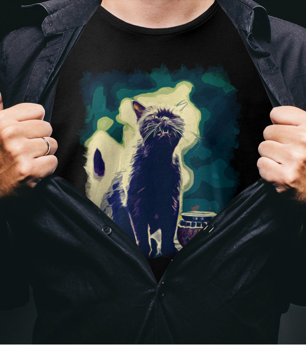 British Shorthair Cat Ready To Attack Vector Art Foggy Night With Stylized Silhouette And Luminous Background T-Shirt
