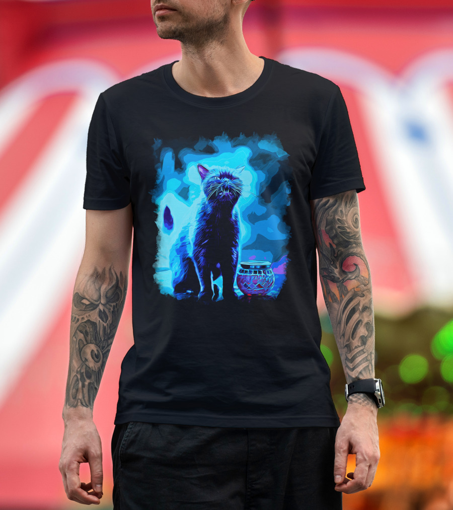 British Shorthair Cat in Blue Moonlit Vector Art Scene T-Shirt