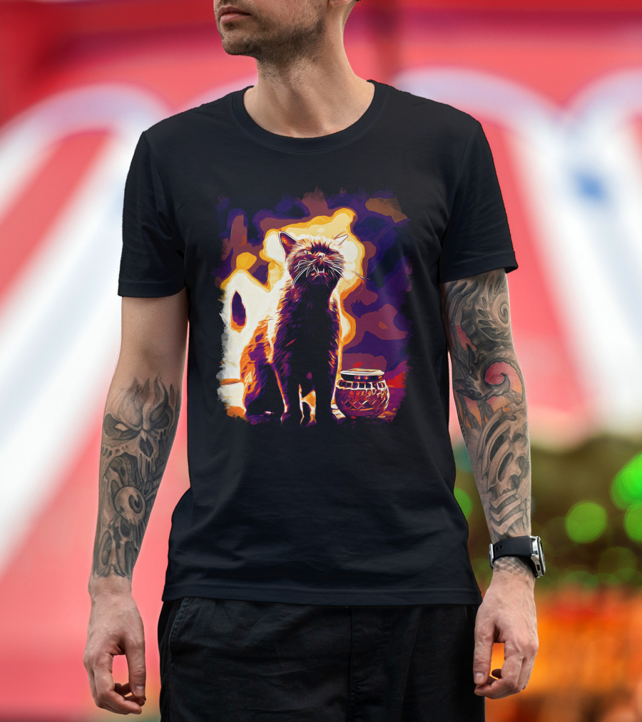 British Shorthair Cat Silhouette at Vibrant Late Sunset Scene T-Shirt