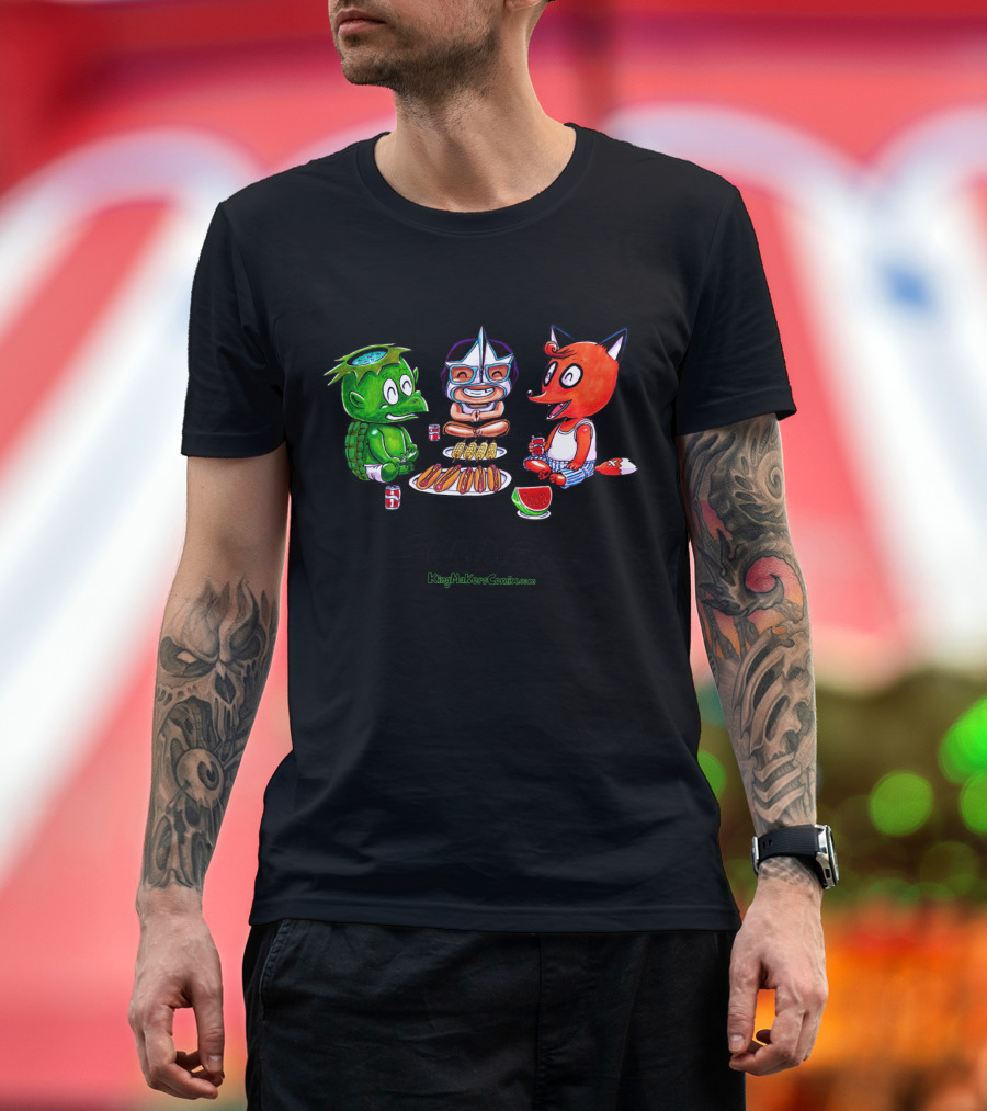 Three Cartoon Characters with Food and Drinks Celebrating A Kingmakers Summer T-Shirt