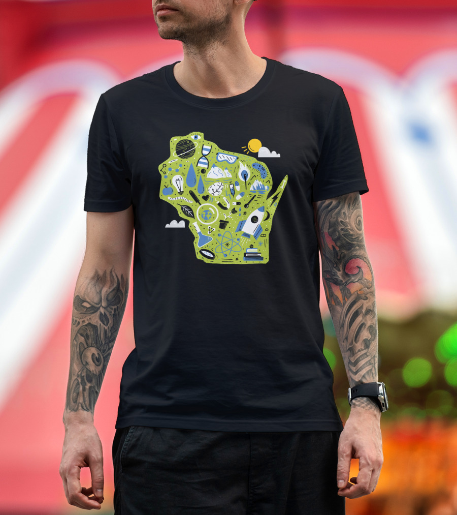 Celebrating Science Wisconsin Map with Icons of Nature Technology and Innovation T-Shirt