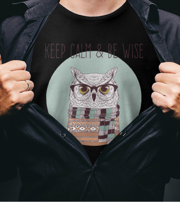 Keep Calm And Be Wise Owl Wearing Glasses And Scarf T-Shirt