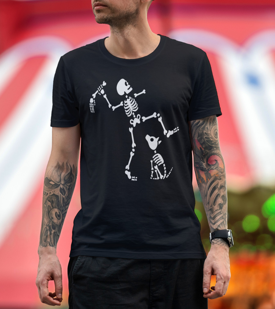 Dog Skeleton Goes to Fetch Bone from Skeleton Arm Hand T-Shirt
