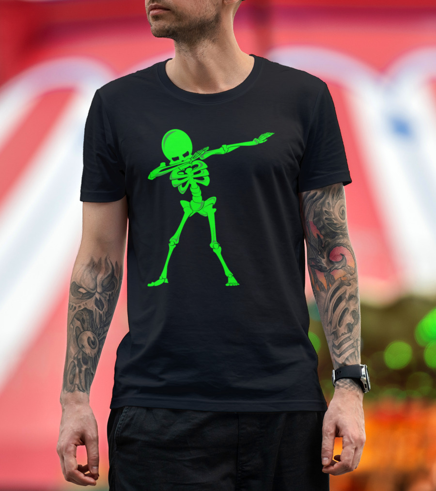 Dabbing Skeleton Halloween Dancing Monster Neon Green Skeleton Dab Dance T-Shirt