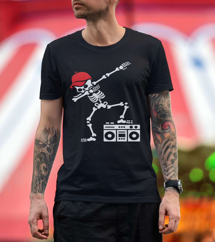 Dabbing Skeleton with Red Hat and Boombox Ghetto Blaster T-Shirt