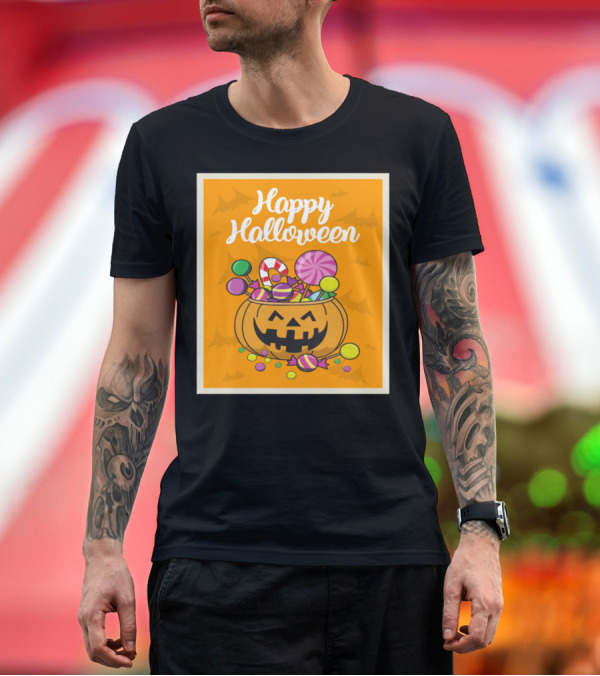 Premium T-Shirt: Happy Halloween Pumpkin with Sweets and Candy T-Shirt Happy Halloween Pumpkin with Sweets and Candy T-Shirt