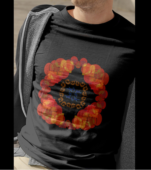 Segmented Circles Hidden Squares Symmetrical Pattern Orange Blue Motif T-Shirt