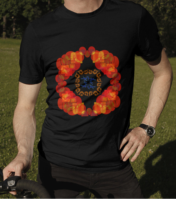 Segmented Circles Hidden Squares Symmetrical Pattern Orange Blue Motif T-Shirt