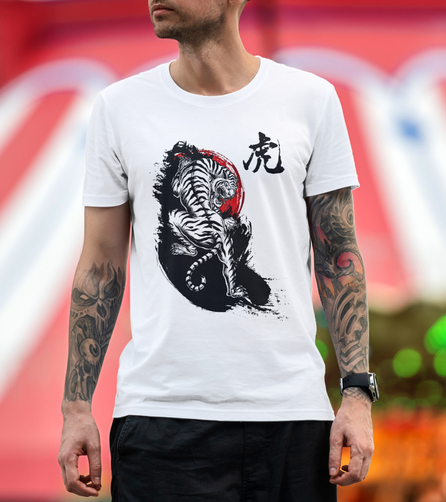Japanese Tiger Kanji Art Red Sun Contrast T-Shirt
