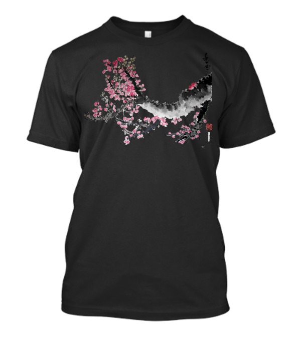 Flowering Tree Branch Traditional Asian Brush Painting With Calligraphy And Stamp T-Shirt