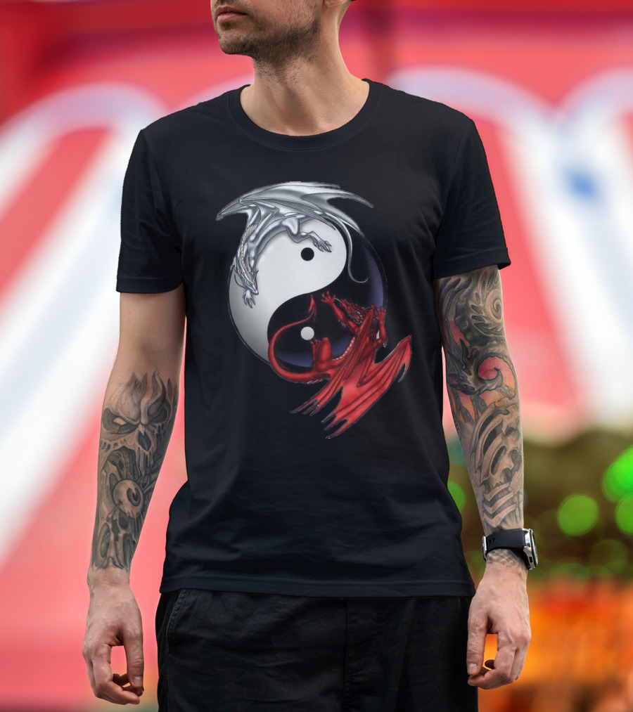 Yin and Yang Chinese Dragon Black and White Symbol with Red and Silver Dragons T-Shirt