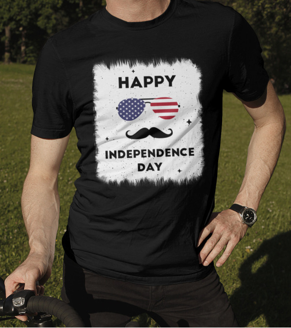 Happy Independence Day USA Flag Sunglasses Moustache T-Shirt