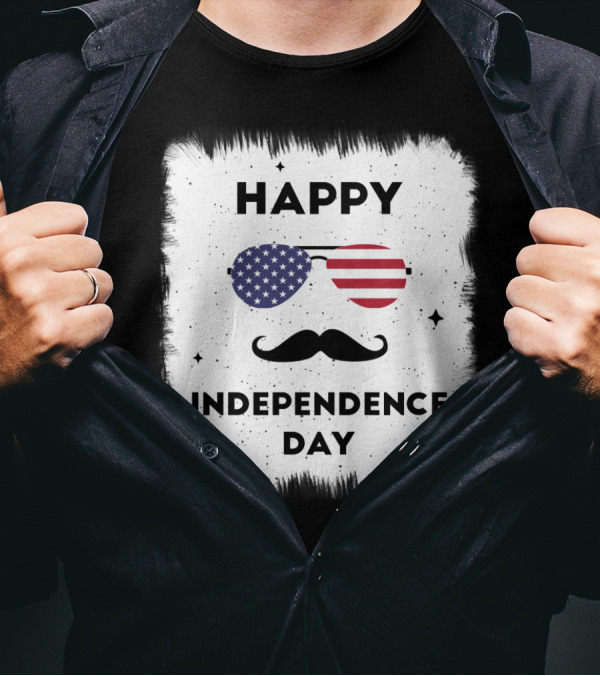 Happy Independence Day USA Flag Sunglasses Moustache T-Shirt