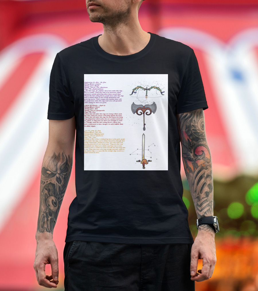 Fire Sign Sagittarius and Aries Weapon Designs with Bow Axe Sword T-Shirt