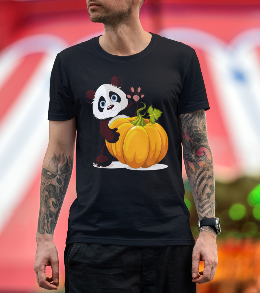 Cute Little Panda Waving Behind a Big Pumpkin T-Shirt