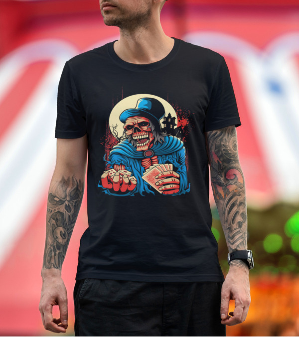 Premium T-Shirt: Zombie Skeleton Gambling Cards Game with Dice and Haunted House Vector T-Shirt Zombie Skeleton Gambling Cards Game with Dice and Haunted House Vector T-Shirt