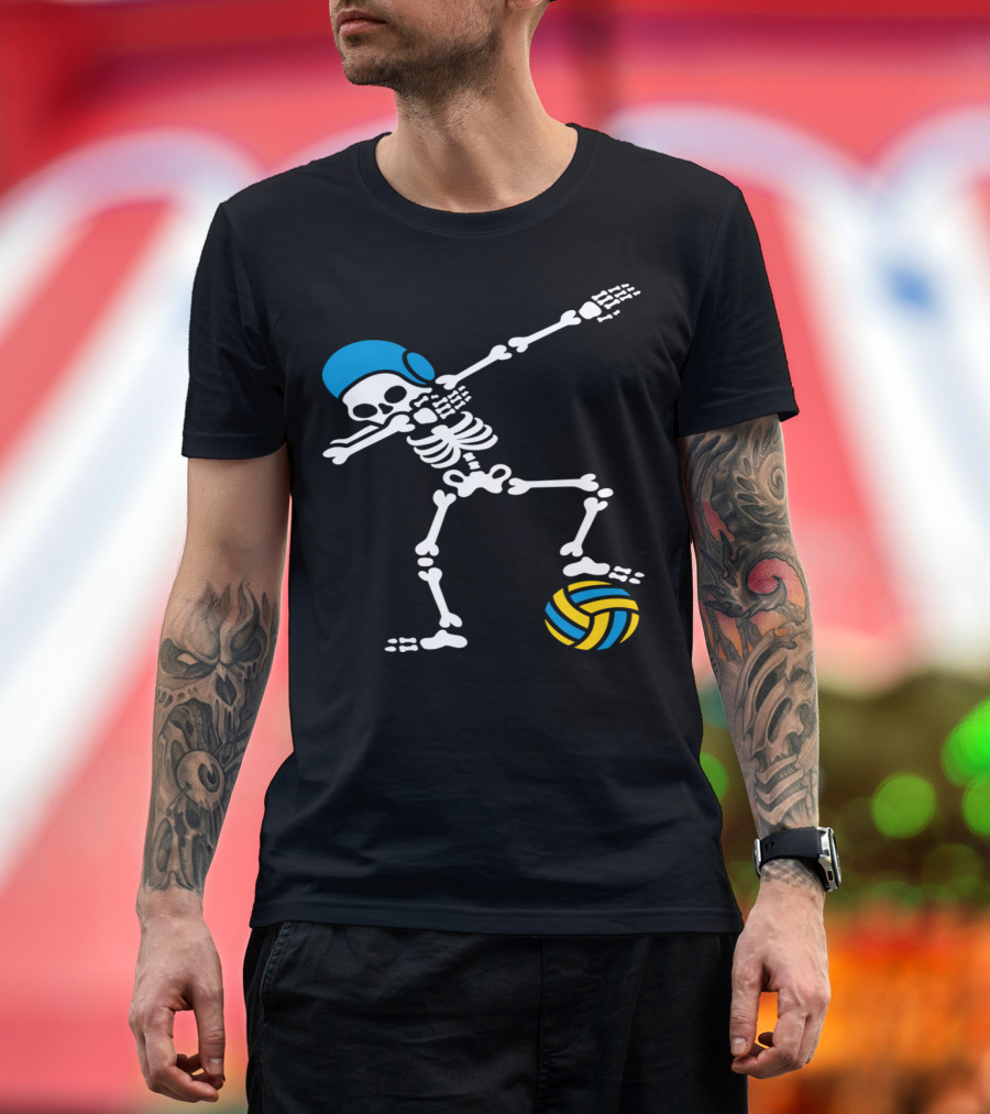 Dabbing Skeleton Water Polo Player with Blue Helmet and Ball T-Shirt