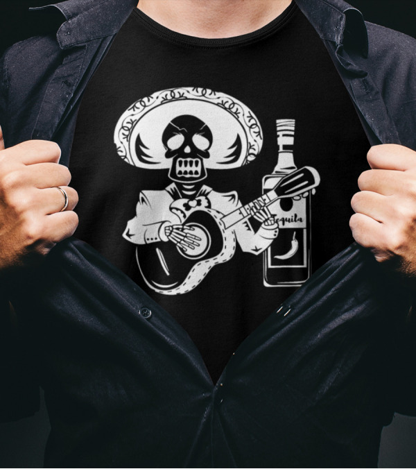 Dia De Los Muertos Mariachi Skeleton With Tequila T-Shirt