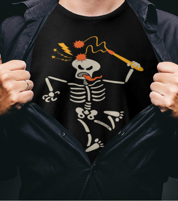 Skeleton Breaking Skull With Ball And Chain Flail Energized Cartoon T-Shirt