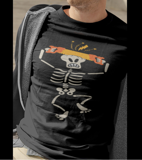 Skeleton With Two-Handed Saw Cutting Own Skull With Lightning And Stars T-Shirt