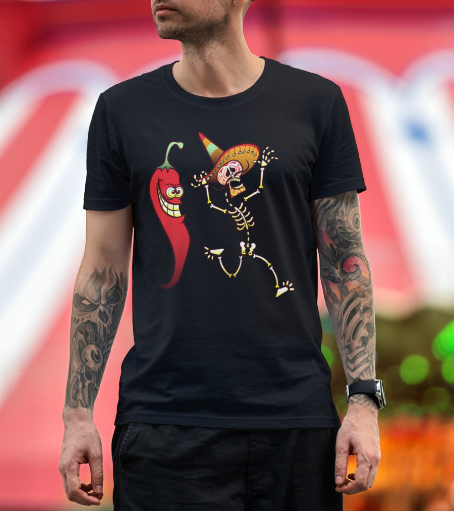 Hot Chili Pepper and Frightened Mexican Skeleton with Sombrero T-Shirt