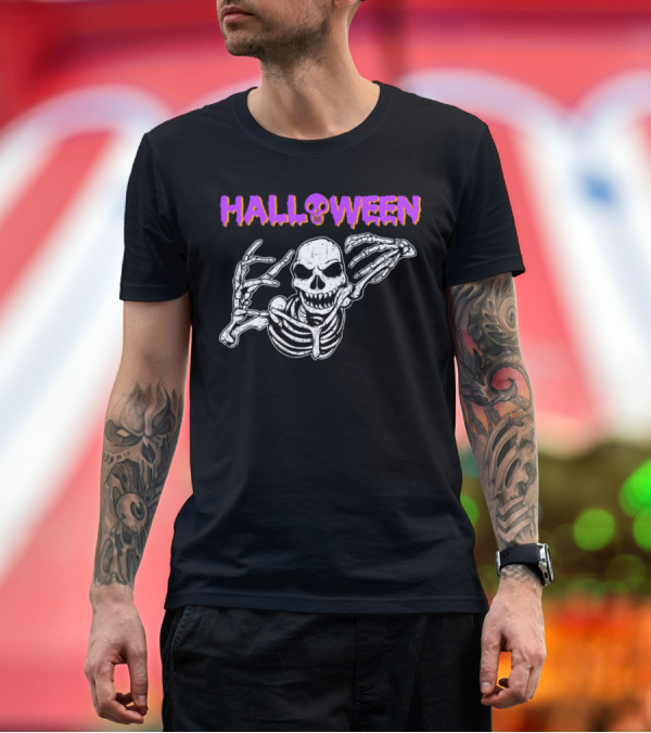Premium T-Shirt: Halloween Creepy Skeleton with Skull Holiday T-Shirt Halloween Creepy Skeleton with Skull Holiday T-Shirt
