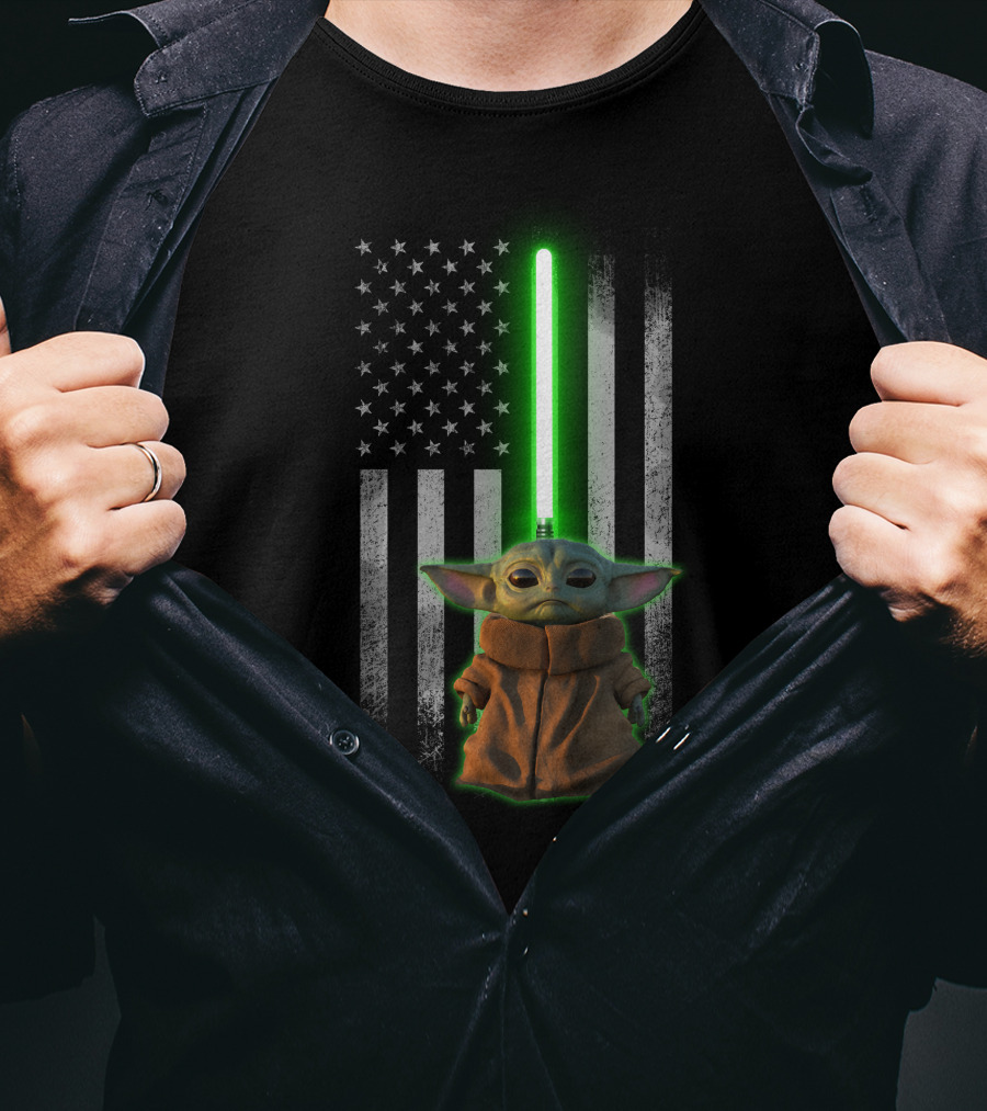 Baby Yoda Lightsaber American Flag Background T-Shirt