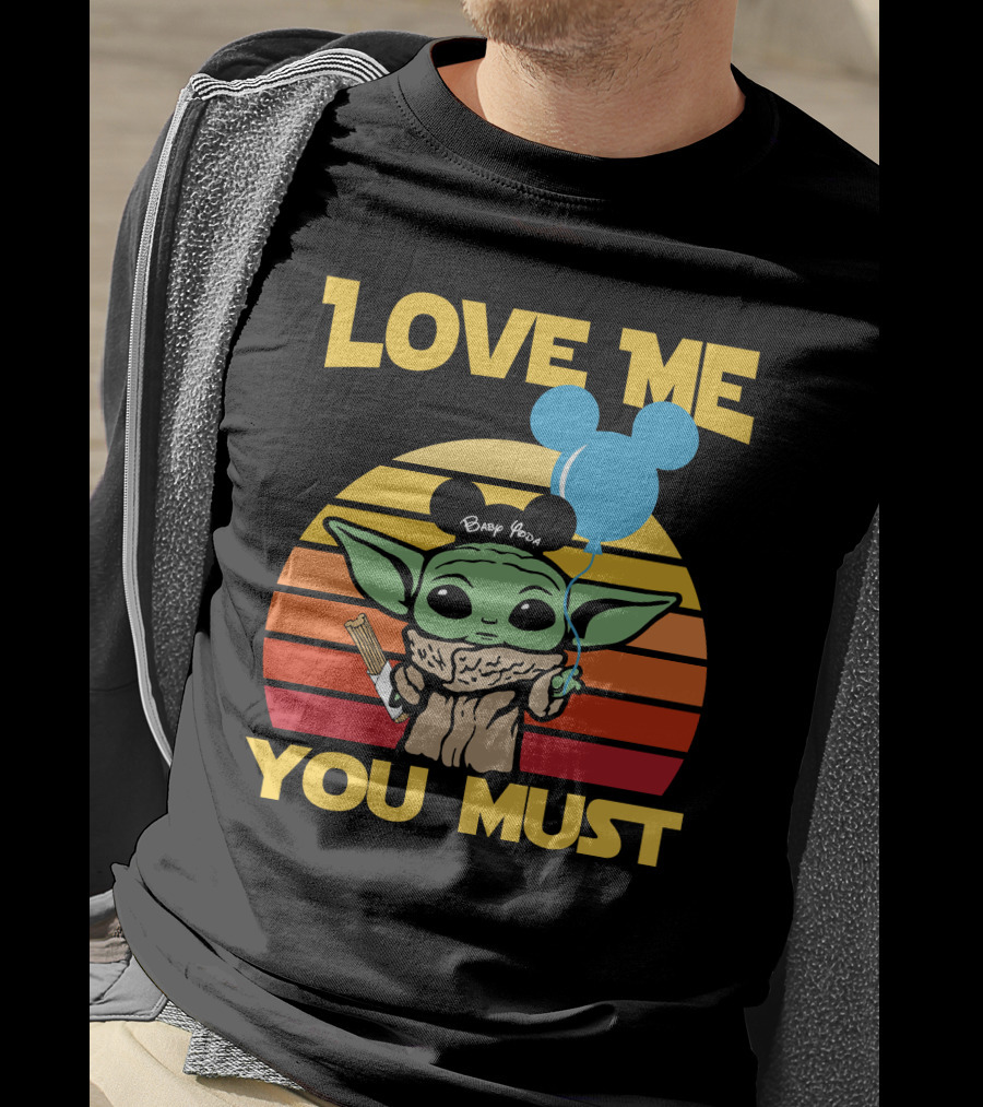 Love ME You Must Baby Yoda Mickey Ears Balloon Vintage Stripes T-Shirt
