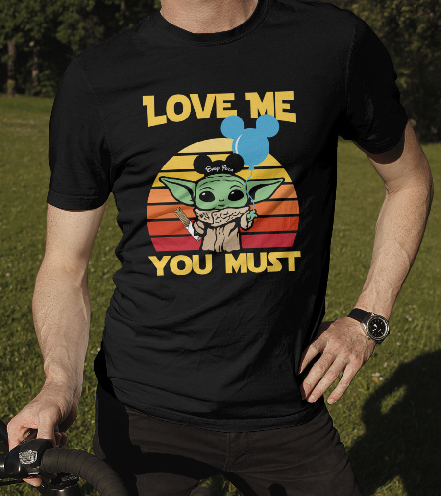 Love ME You Must Baby Yoda Mickey Ears Balloon Vintage Stripes T-Shirt