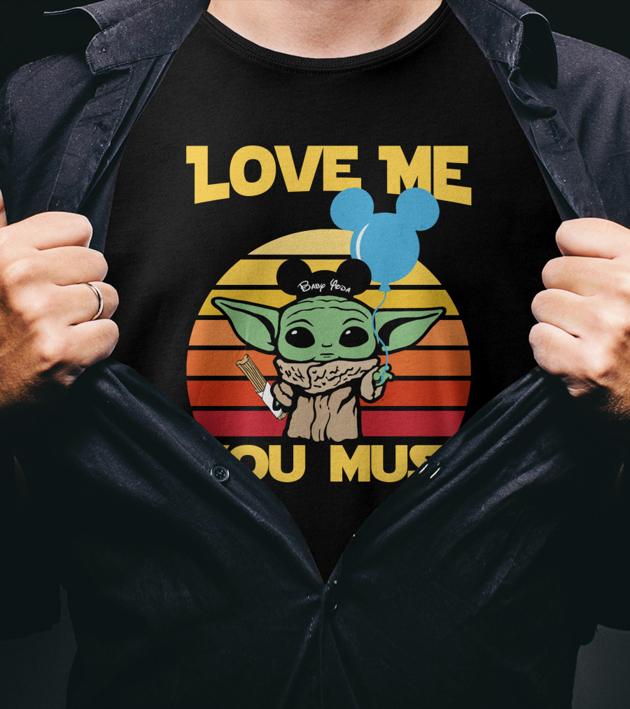 Love ME You Must Baby Yoda Mickey Ears Balloon Vintage Stripes T-Shirt