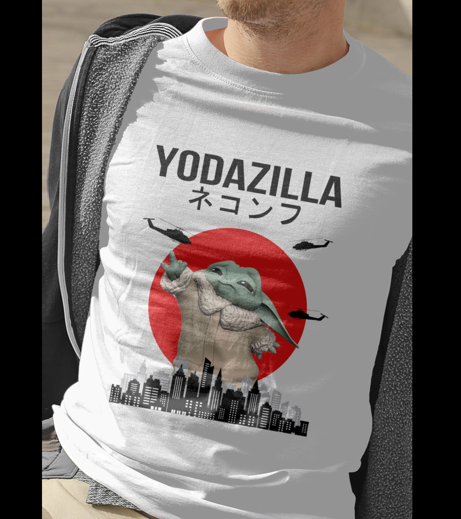 Yodazilla Helicopters City Skyline Red Sun T-Shirt