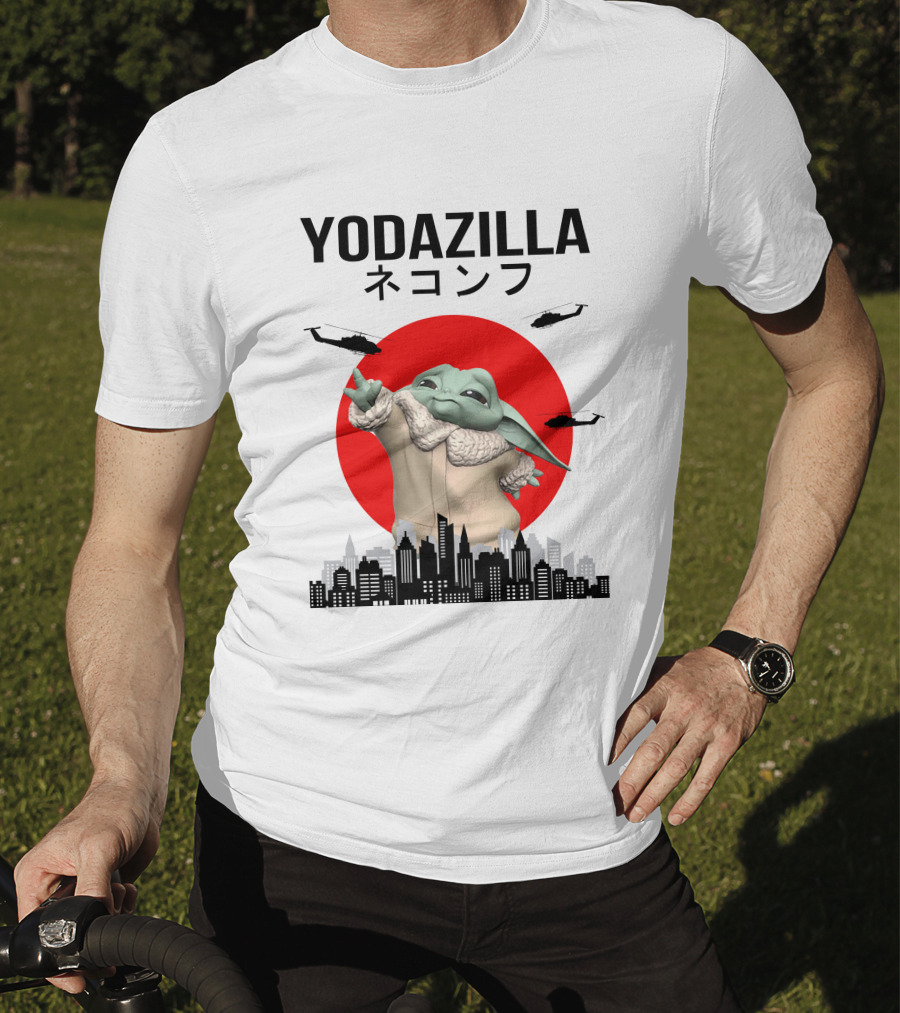 Yodazilla Helicopters City Skyline Red Sun T-Shirt