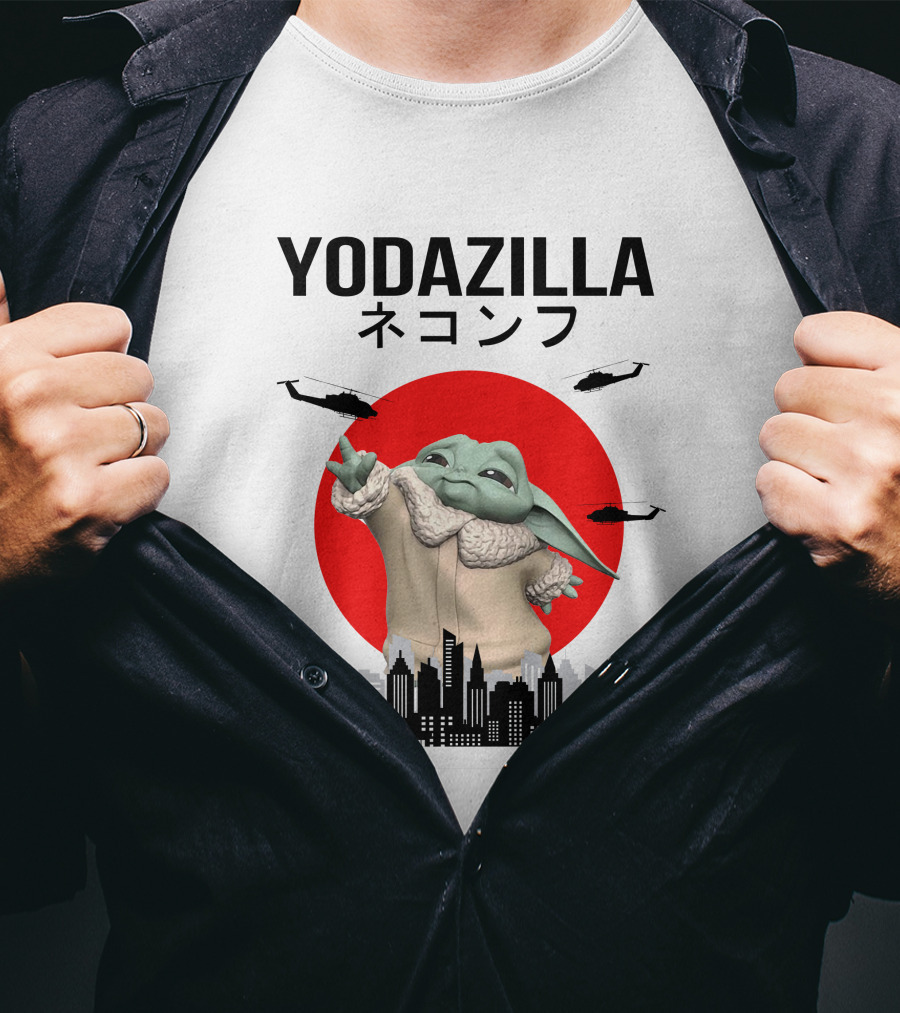 Yodazilla Helicopters City Skyline Red Sun T-Shirt