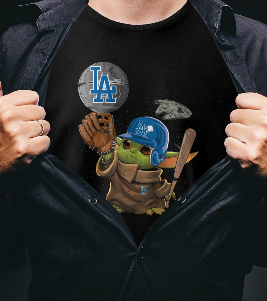LA Baby Yoda Star War Baseball Dodgers Millennium Falcon T-Shirt