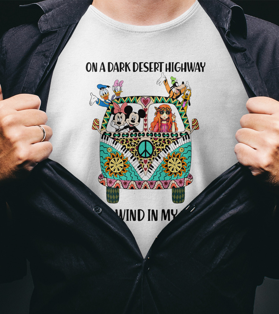 On A Dark Desert Highway Cool Wind In My Hair Mickey Mouse Hippie Van T-Shirt