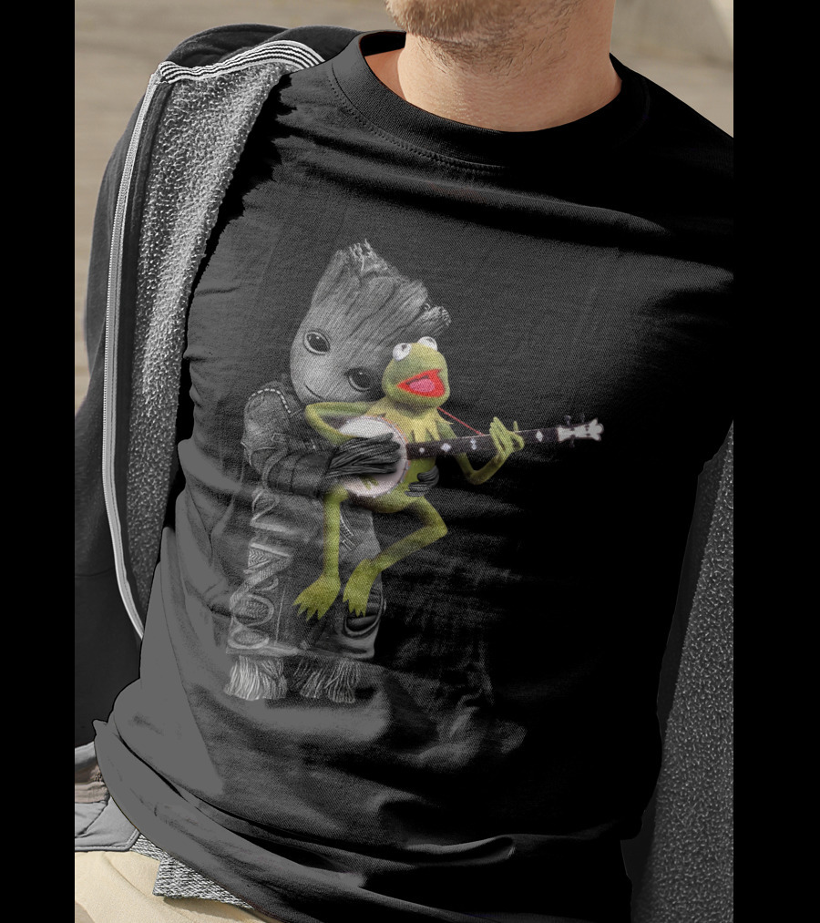 Groot Hugging Kermit Playing Banjo T-Shirt