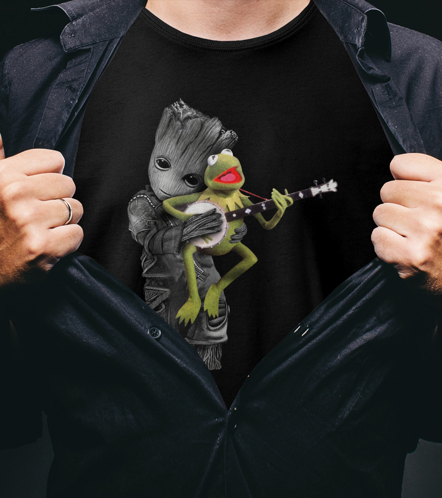 Groot Hugging Kermit Playing Banjo T-Shirt