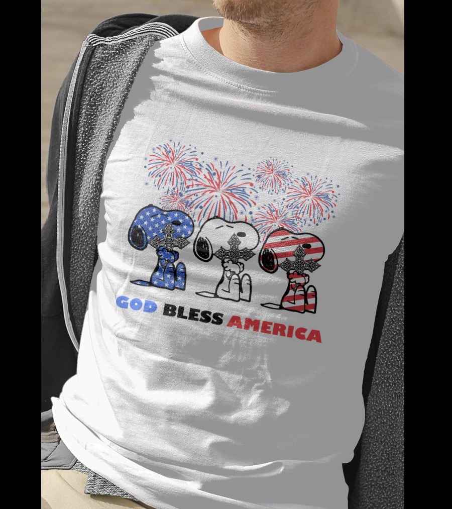 God Bless America Snoopy Cross Fireworks Fourth Of July T-Shirt