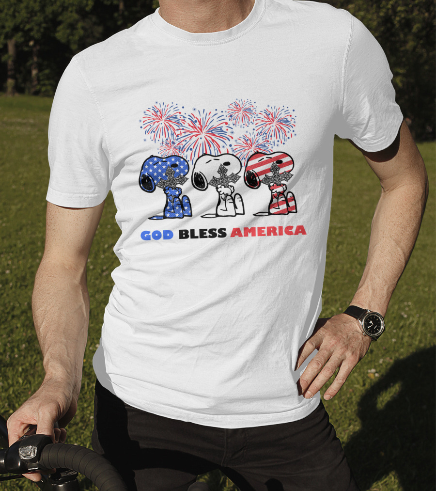 God Bless America Snoopy Cross Fireworks Fourth Of July T-Shirt