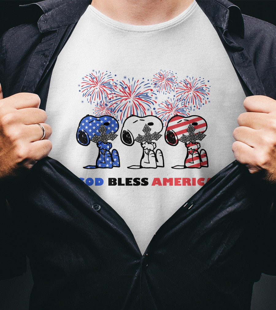 God Bless America Snoopy Cross Fireworks Fourth Of July T-Shirt