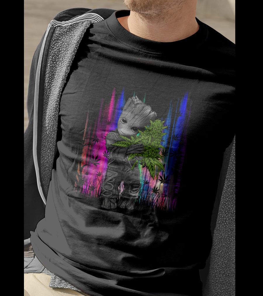 Love Hug Groot Cannabis Hugging Rainbow Background T-Shirt
