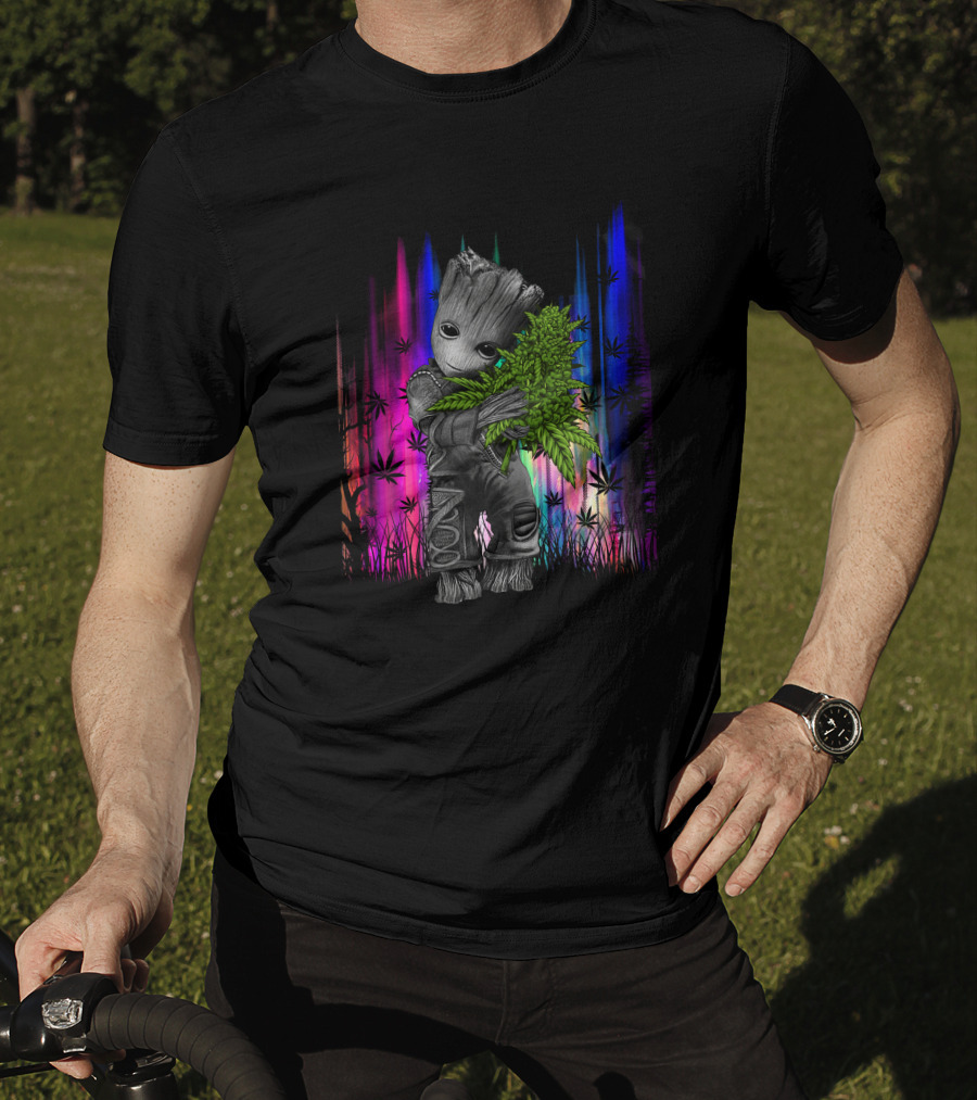 Love Hug Groot Cannabis Hugging Rainbow Background T-Shirt