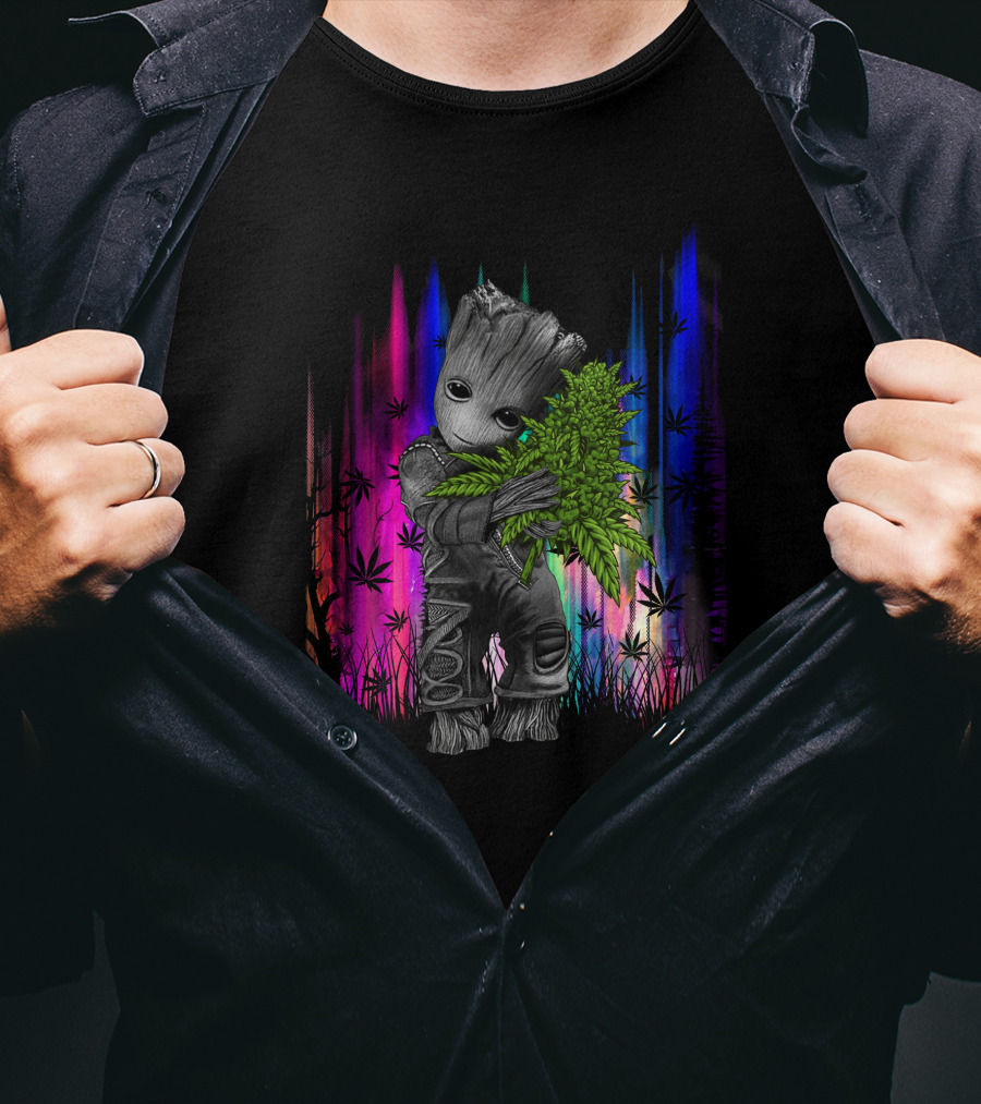 Love Hug Groot Cannabis Hugging Rainbow Background T-Shirt