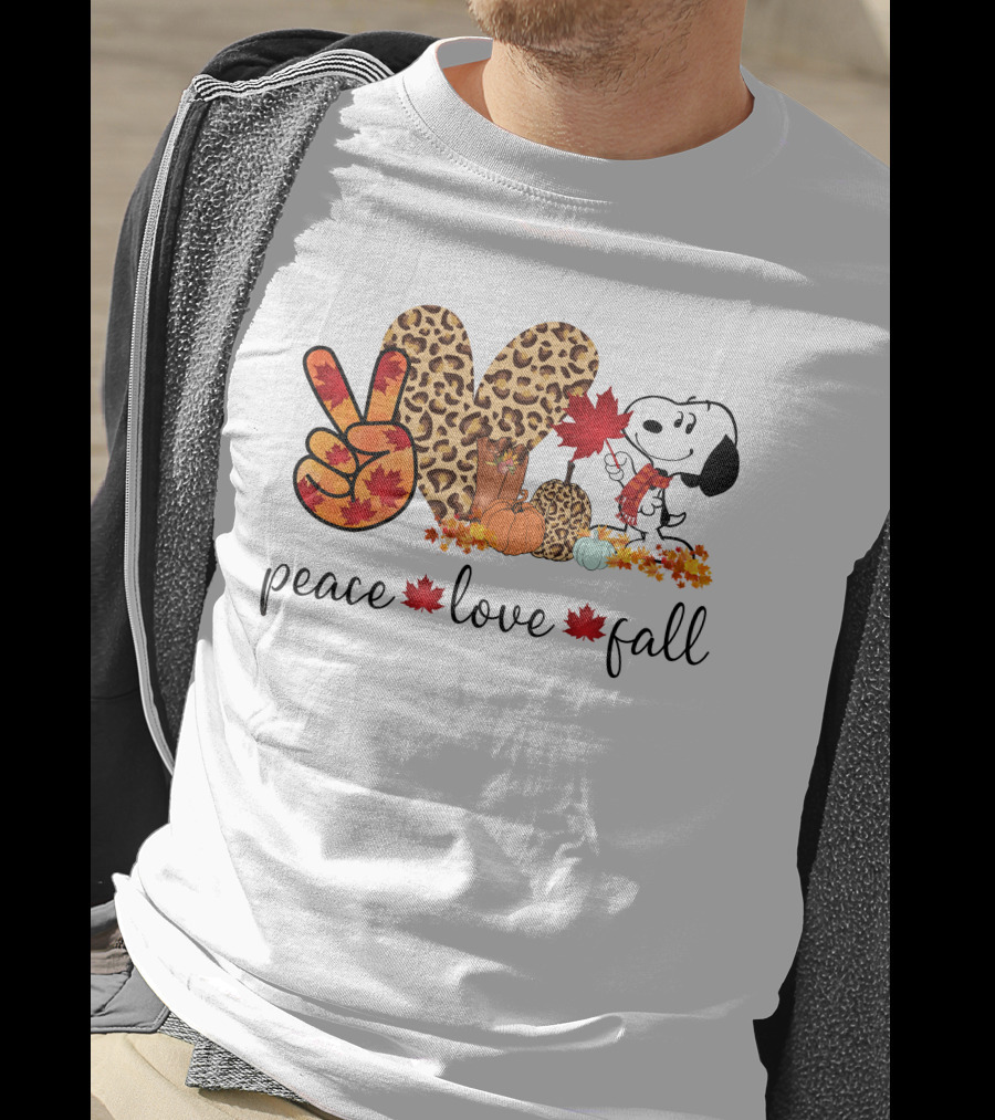 Peace Love Fall Snoopy Leopard Print Pumpkin Leaves T-Shirt