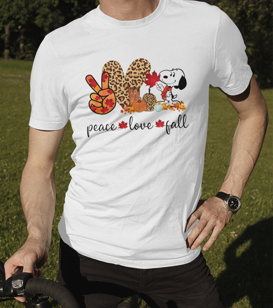 Peace Love Fall Snoopy Leopard Print Pumpkin Leaves T-Shirt