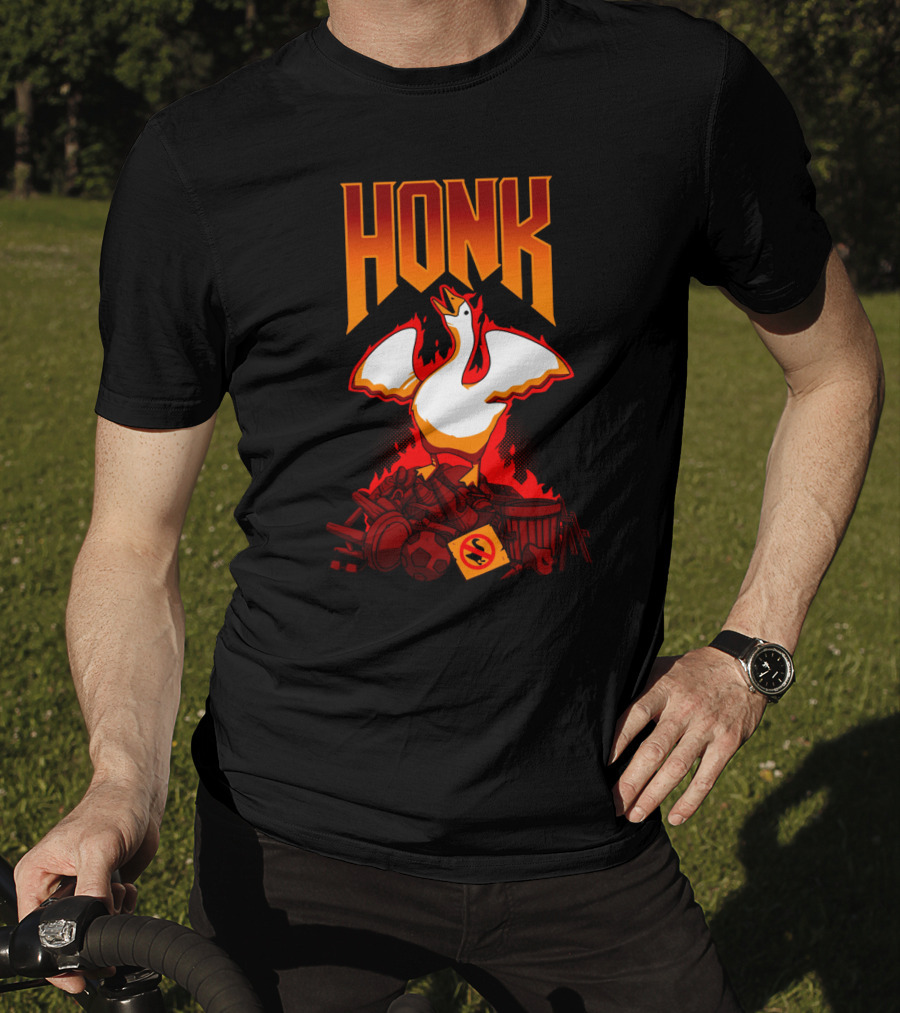 HONK Goose On Junk Pile With Flames T-Shirt