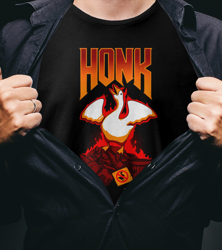 HONK Goose On Junk Pile With Flames T-Shirt